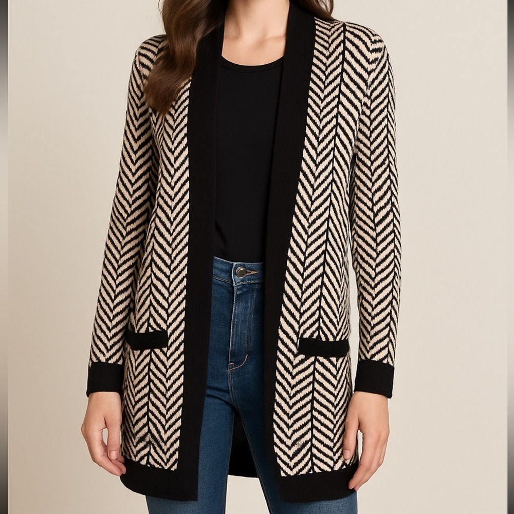 Margaret O’Leary Long Open Cardigan Black Tan Pockets Size M